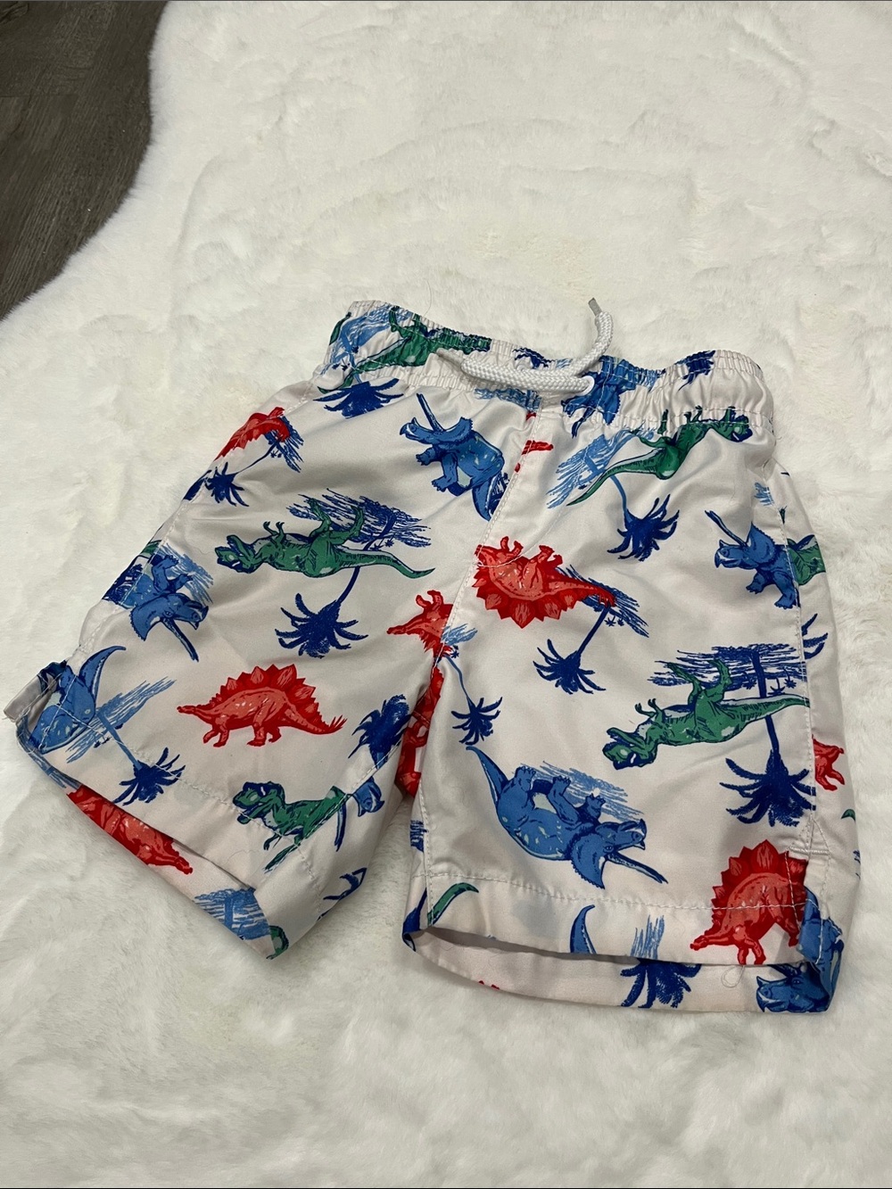 Place White Swim Trunks with Red, Blue & Green Dinosaur Print